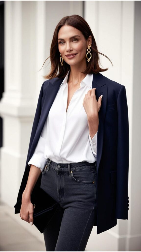 A lovely woman wearing jeans, a white blouse, and a blazer, accessorized with statement earrings and a clutch.