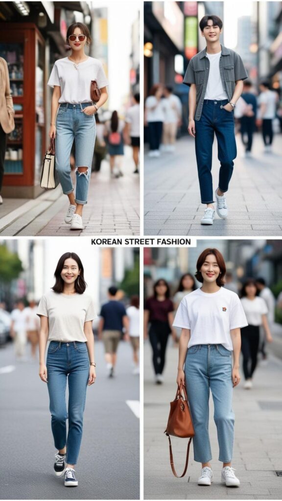 Examples of korean street fashion casual outfits, showcasing comfortable and stylish everyday looks with jeans, t-shirts, and sneakers.