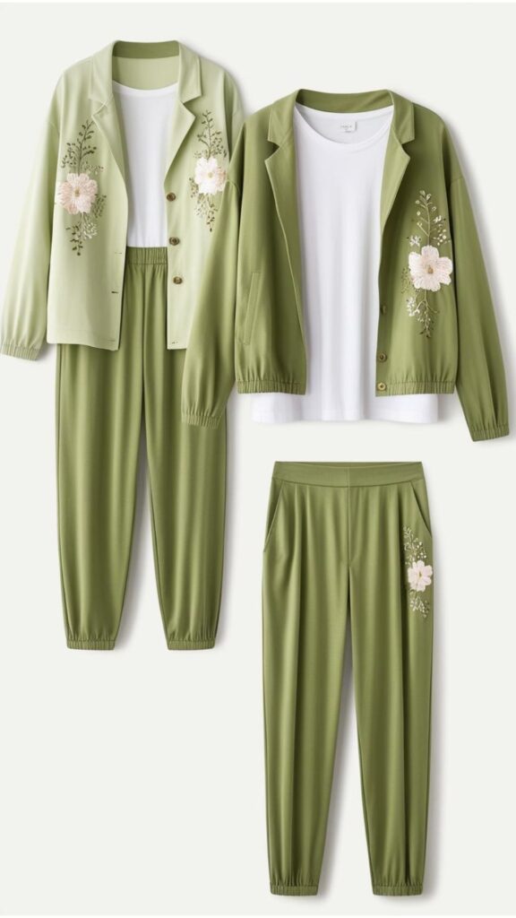 A Korean style casual outfit featuring elements in Dill Green, such as a comfortable pair of pants or a light jacket, perhaps styled with floral accents.