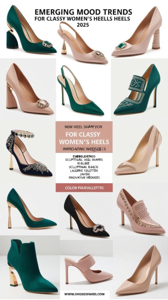 A mood board showcasing emerging trends for classy heels in 2025, possibly including new heel shapes, embellishments, and color palettes.