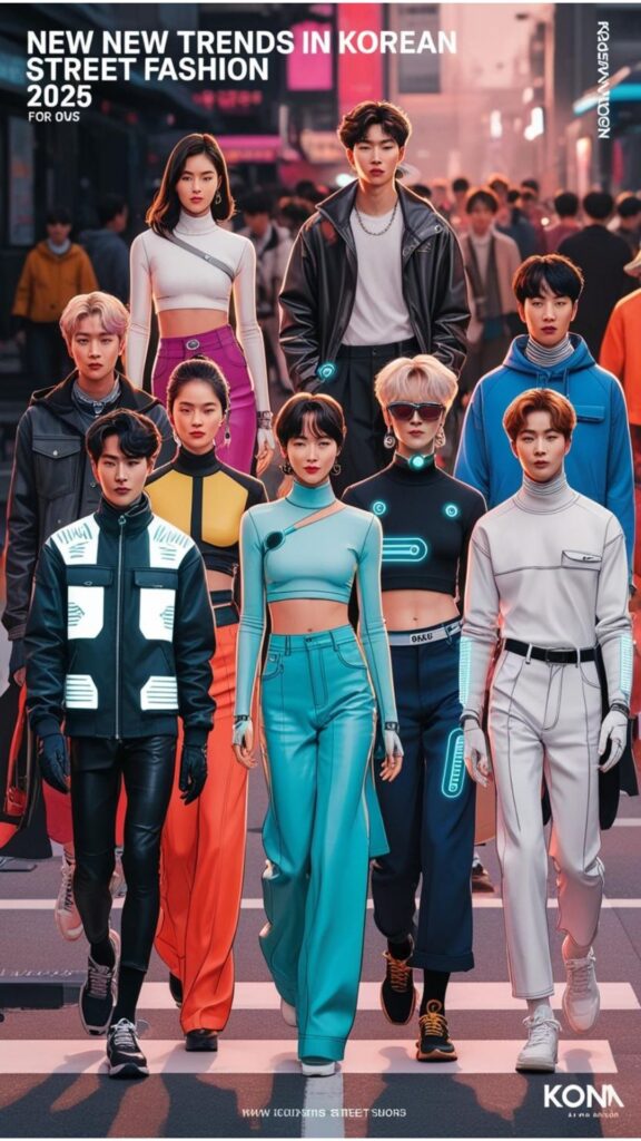 A futuristic-inspired image showcasing potential new trends in Korean street fashion for 2025, possibly incorporating technology or unique silhouettes.