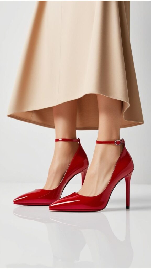 A vibrant pair of red high heels, possibly styled with a neutral-colored outfit to make them pop.