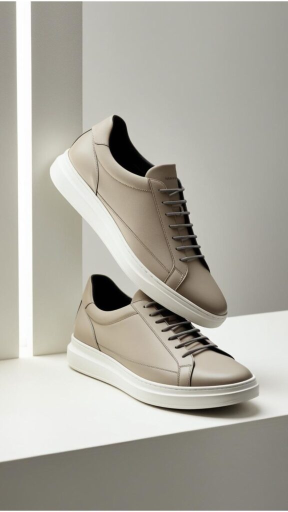 Minimalist men's sneakers displayed, clean lines and neutral colors, showcasing versatility and effortless style in menswear.