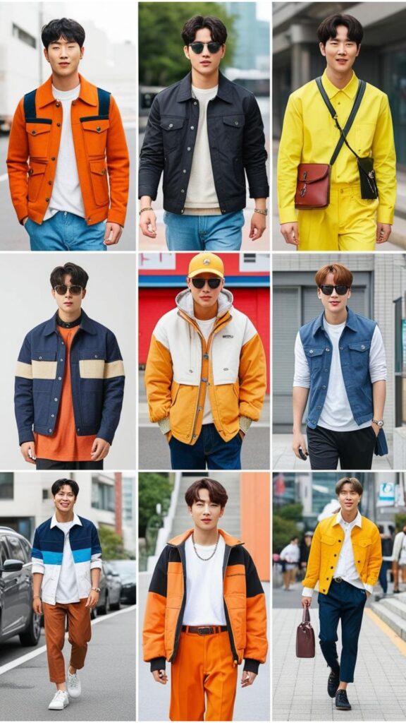 Examples of korean street fashion men outfits aesthetic, showcasing casual yet stylish looks with unique layering and accessories.