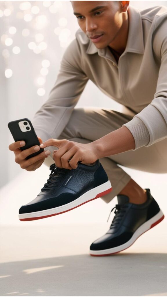 A person taking a photo of their shoes with their phone, showcasing a stylish everyday outfit. Focus on the shoes as the main subject of the snap.