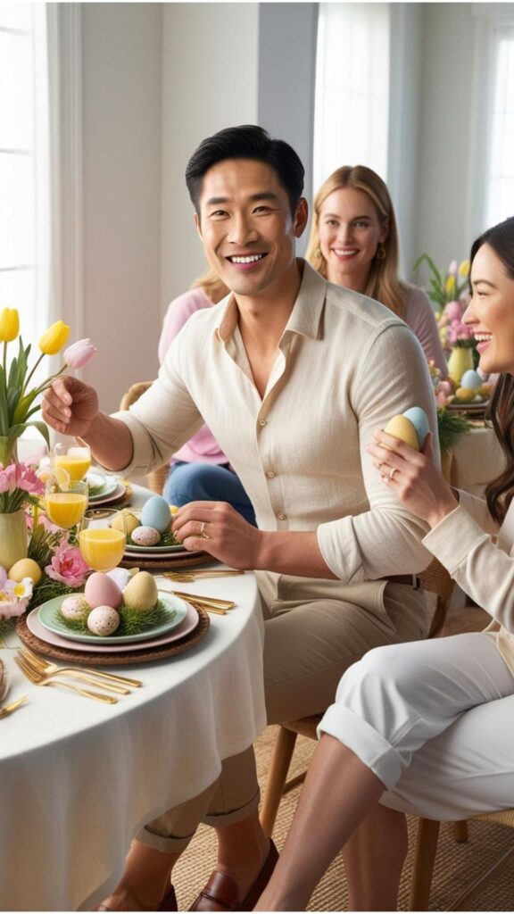 A handsome man wearing a linen shirt, chinos, and loafers, enjoying an Easter brunch with friends.
