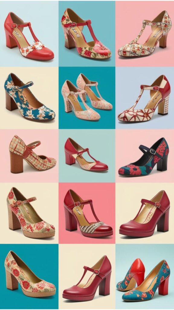 A collage of vintage-inspired shoes aesthetic heels, featuring retro patterns, T-straps, and block heels.
