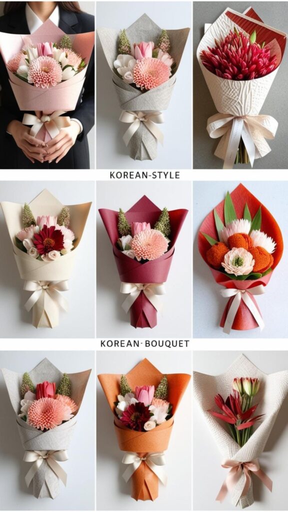 Several examples of korean style bouquet arrangements, highlighting their compact size, thoughtful color combinations, and often wrapped in unique and aesthetically pleasing ways.