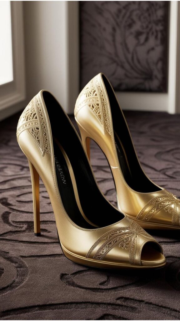 A pair of glamorous gold heels, perhaps with metallic detailing, suitable for an evening occasion
