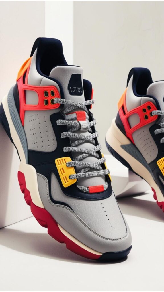 A pair of stylish athletic sneakers shoes showcasing a blend of performance and aesthetic design.
