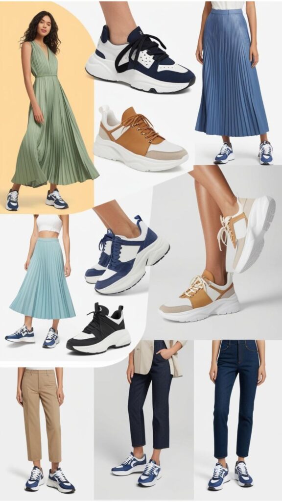 A styled shoes aesthetic sneakers outfit, showcasing various pairings like dresses, skirts, pants, and jeans, emphasizing the art of creating contemporary looks.
