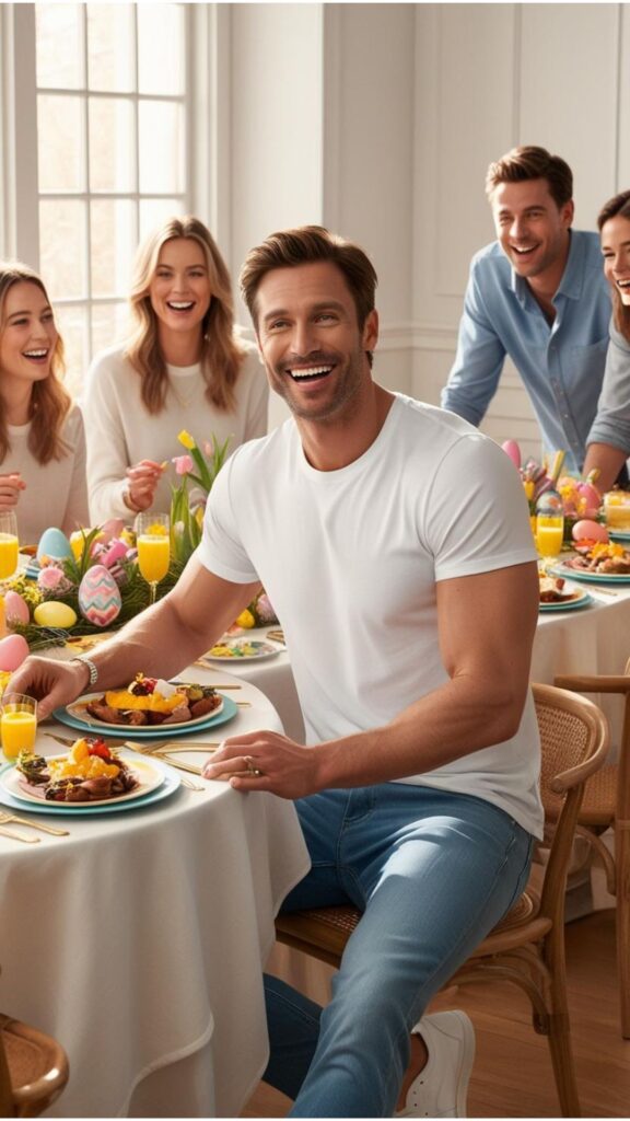 A man wearing a white t-shirt, jeans, and white sneakers, enjoying an Easter brunch with friends.)
