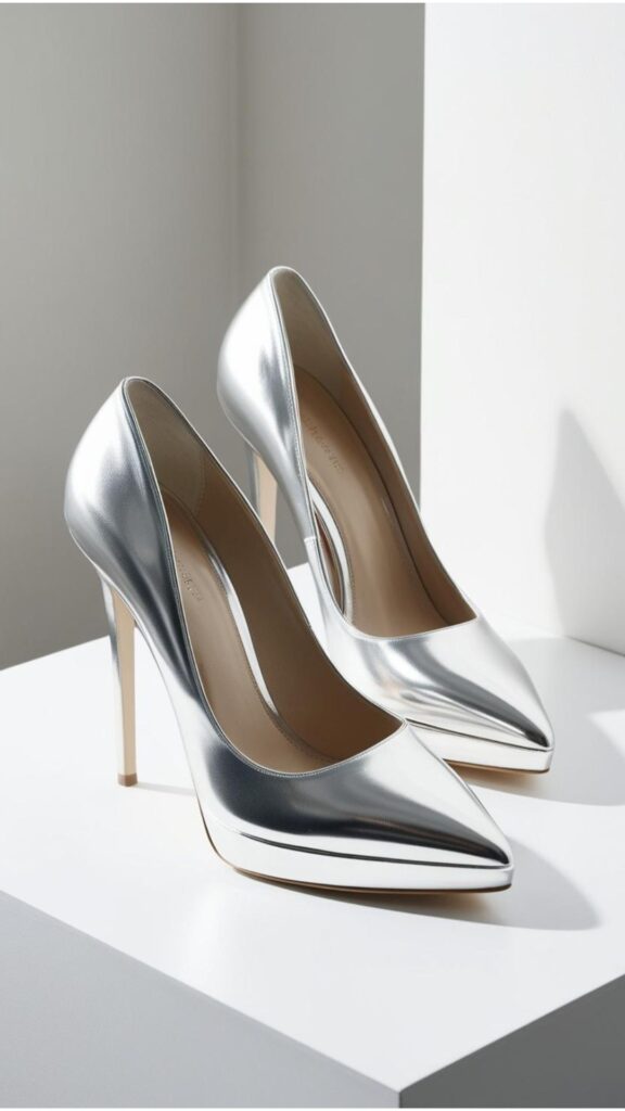 A pair of chic silver heels, perhaps with a metallic finish, perfect for a contemporary and stylish look.