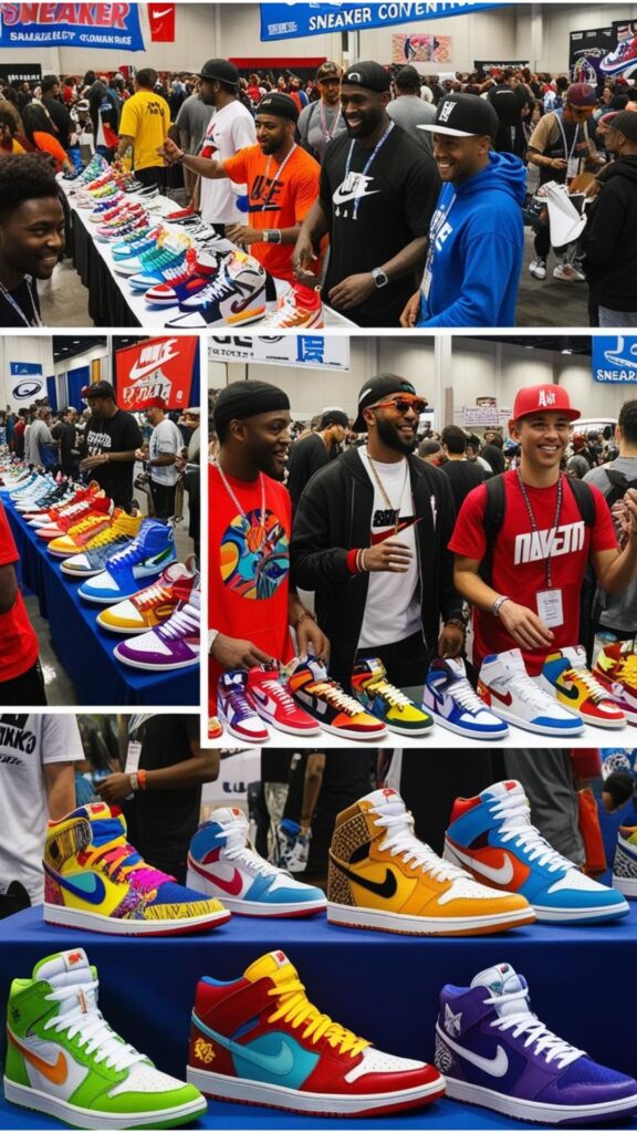A dynamic display of shoes aesthetic sneakers within a community setting, highlighting the vibrant culture and connection among sneakerheads through forums, groups, and events.