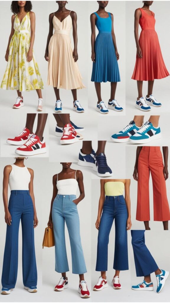 A variety of stylish sneaker fashion outfits, showcasing pairings with dresses, skirts, jeans, and tailored pants, highlighting chic and effortless style.