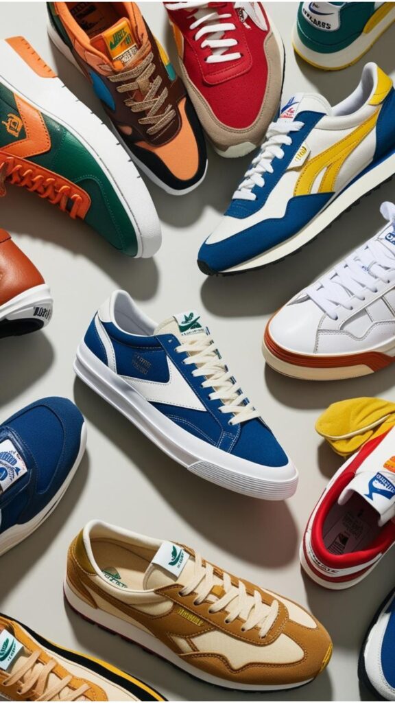A collection of classic sneakers, reminiscent of 70s, 80s, and 90s designs, showcasing reissued iconic models and fresh takes on retro silhouettes.