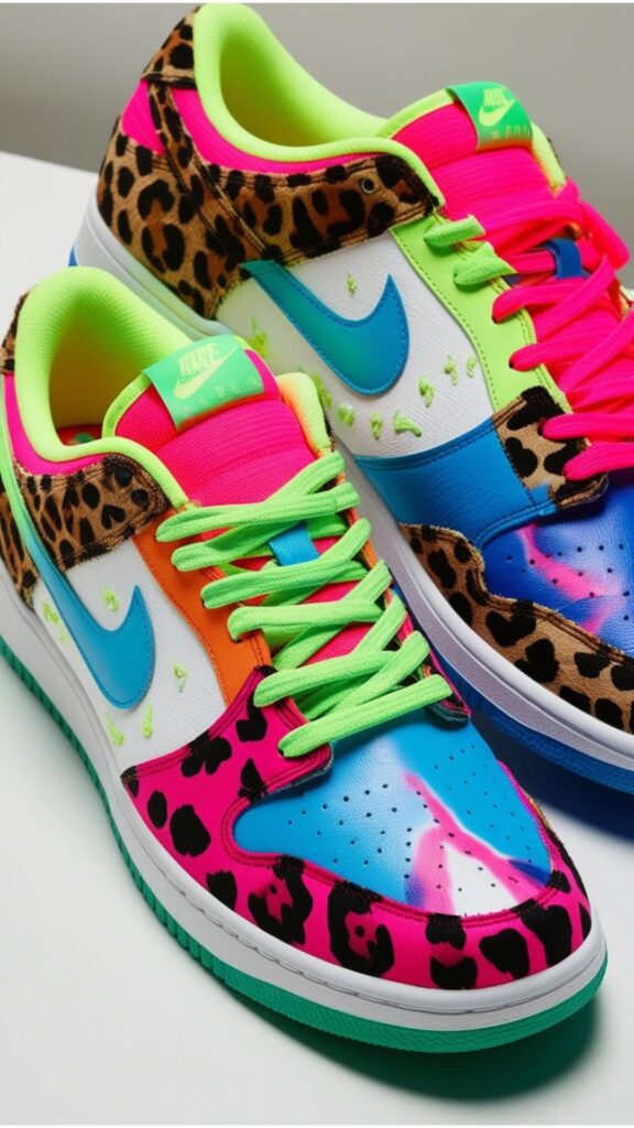 Brightly colored and patterned sneakers, including neon hues, animal prints, and tie-dye effects, showcasing a vibrant explosion of self-expression in footwear.