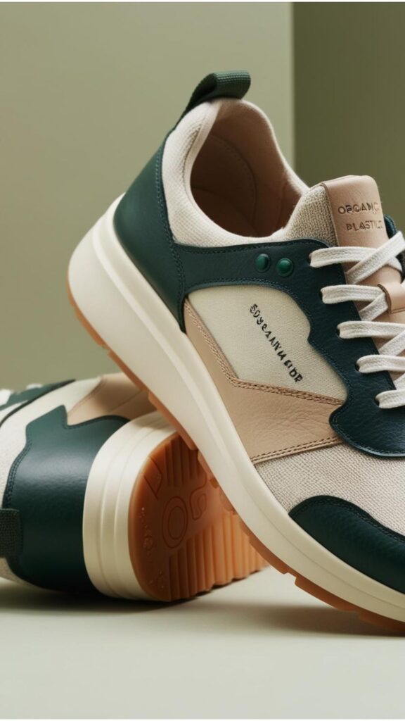 Sustainable sneakers made with recycled plastics, organic cotton, and vegan leather, highlighting the growing trend of eco-friendly footwear in the fashion industry.