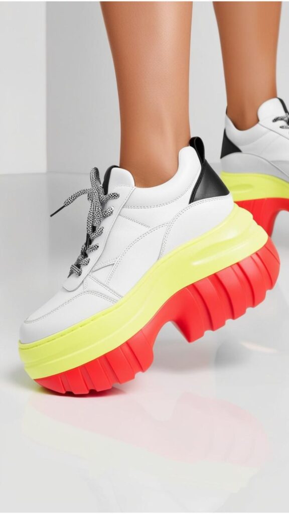 Chunky platform sneakers with exaggerated soles, bare and statement-making, dominating the scene and showcasing a continued reign of this bold style.
