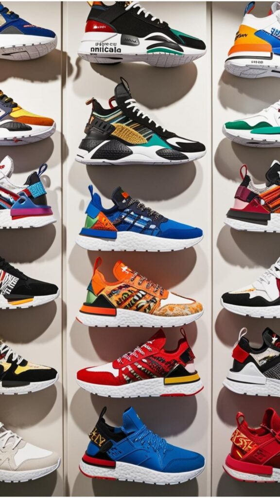 A display of collaborative sneakers, showcasing designs from brands and renowned designers, artists, and celebrities, highlighting innovation and exclusivity.