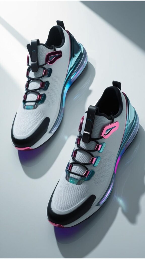 Technologically advanced sneakers displayed, showcasing features like self-lacing systems, personalized comfort, and enhanced performance capabilities, reflecting the integration of technology in footwear.