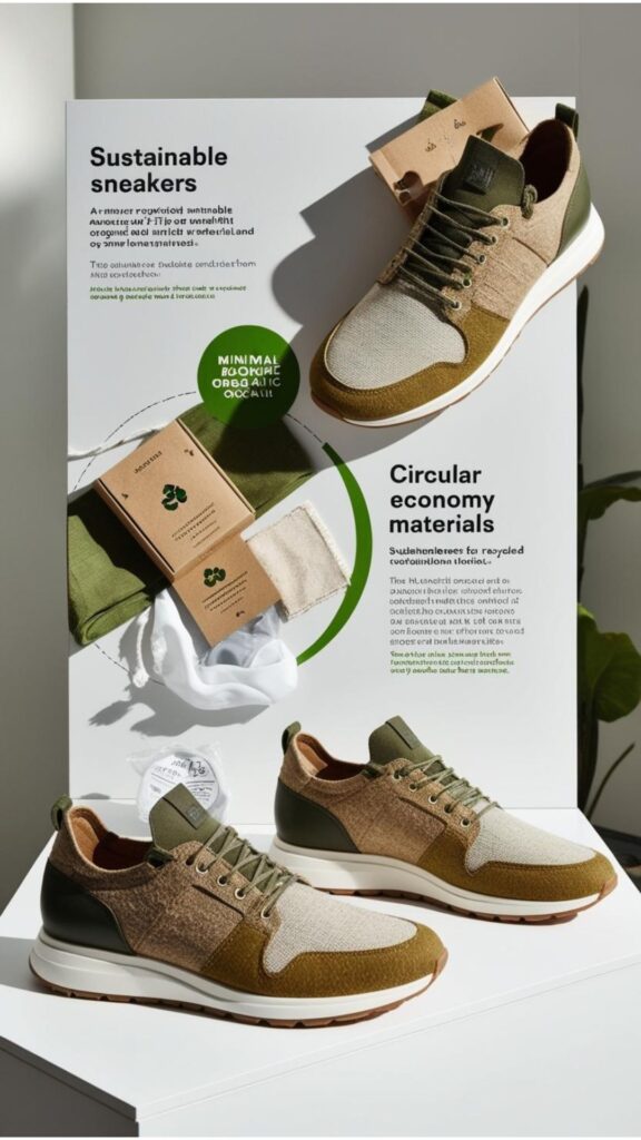 A display emphasizing sustainable sneakers, highlighting eco-friendly materials, ethical production, and circular economy models, reflecting the intensified focus on sustainability in footwear.