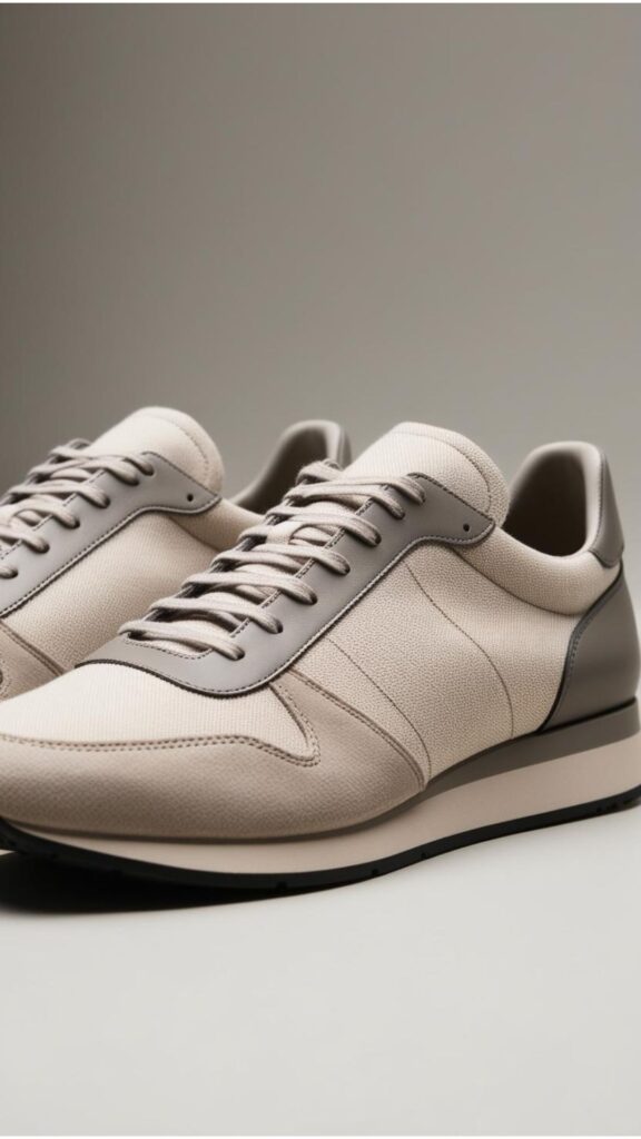 Minimalist sneakers displayed, featuring clean lines, neutral colors, and subtle detailing, showcasing the rising trend of understated elegance in footwear.