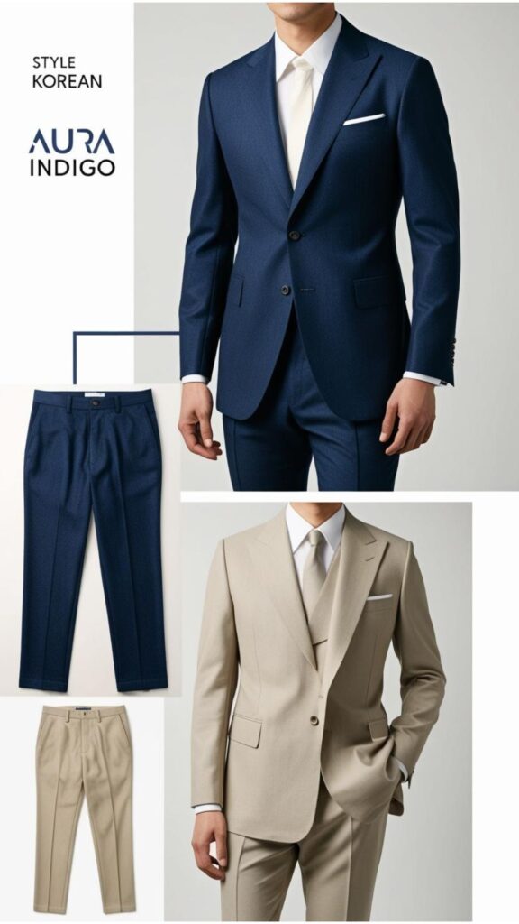 A Korean style men outfit featuring the Aura Indigo color in a stylish jacket or a pair of trousers, paired with neutral tones.
