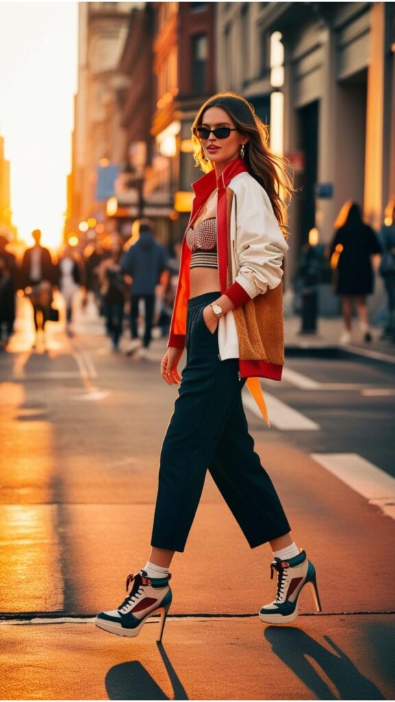 A lovely woman wearing shoes aesthetic heels sneakers with a stylish streetwear outfit, walking down a city street.