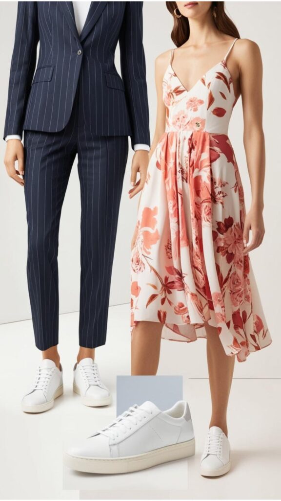A styled outfit showcasing sneakers paired with a tailored suit, blending contrasting textures for a modern look, or with a feminine dress for a casual-chic vibe.