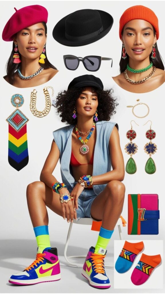 A styled outfit featuring sneakers enhanced with accessories like colorful socks, statement jewelry, and fashionable hats, adding a touch of personality.