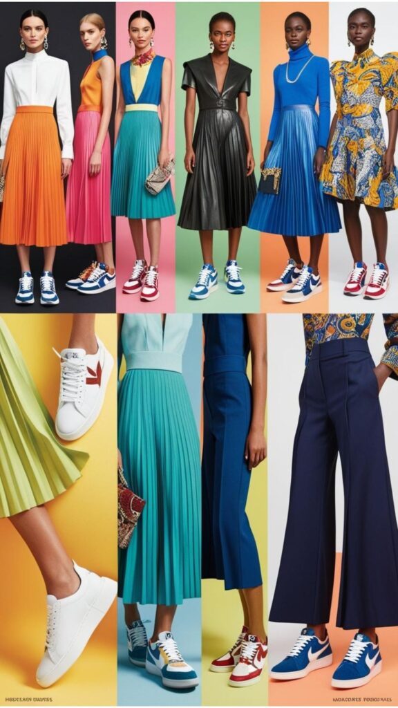 A styled ensemble showcasing sneakers paired with dresses, skirts, and tailored pants, highlighting a surprisingly chic and unexpected fashion statement.
