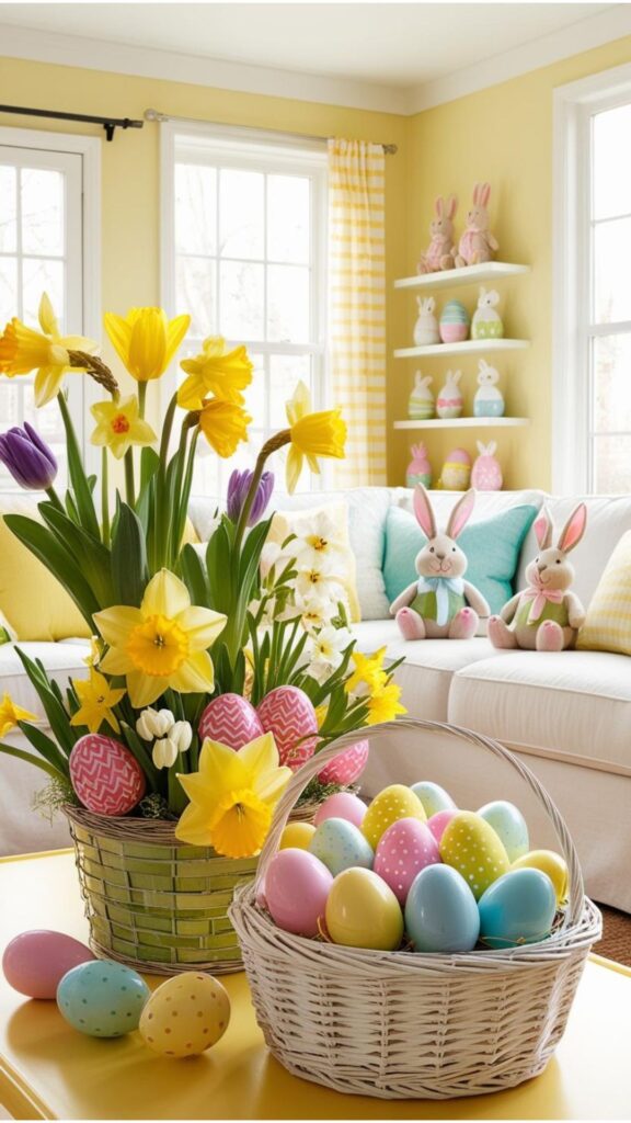 A living room decorated for Easter with spring flowers, bunny decorations, and colorful Easter eggs.