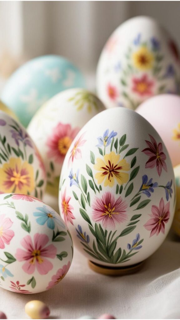 Close-up of beautifully decorated Easter eggs with intricate designs and vibrant colors.