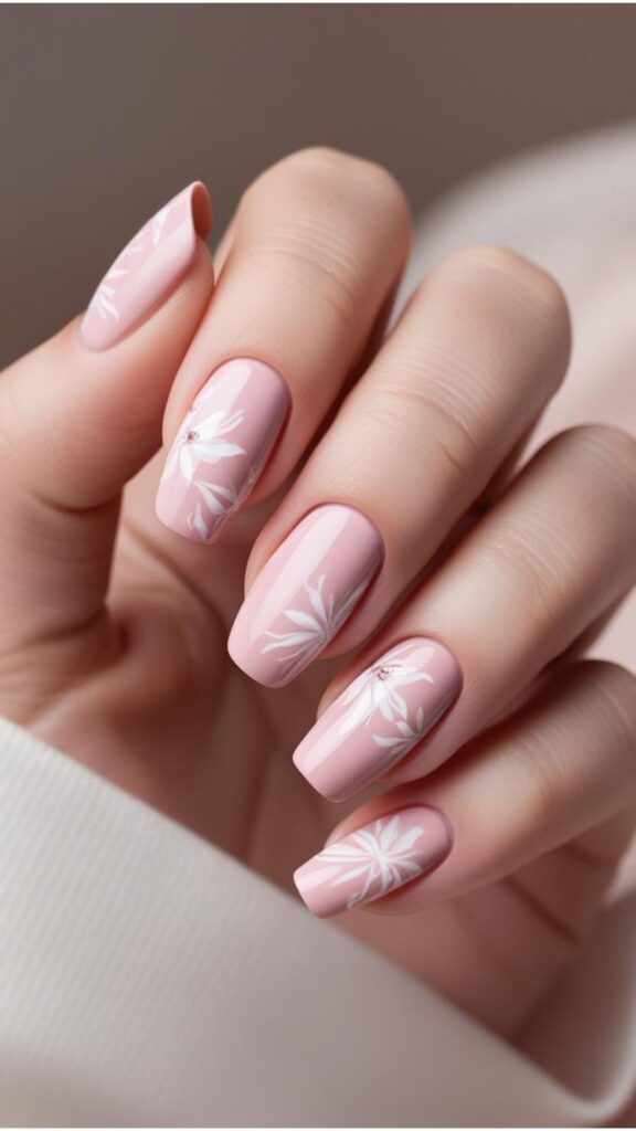 Close-up of hands with a pastel pink manicure with delicate floral designs.