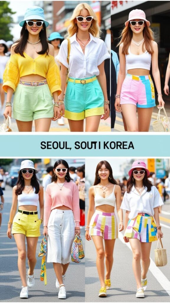 Korean street fashion summer outfits featuring light fabrics, shorts, skirts, and stylish accessories like sunglasses and hats.