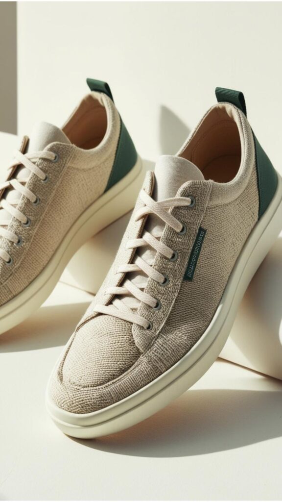 Eco-friendly shoes aesthetic sneakers displayed, crafted from sustainable materials like recycled plastics and organic cotton, reflecting the growing importance of sustainability in fashion.