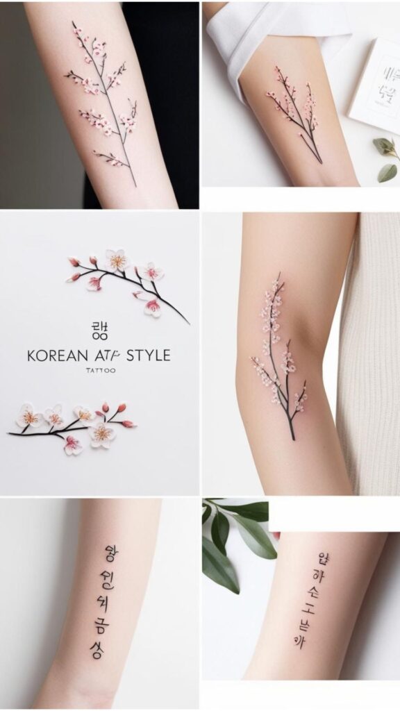 Examples of korean style tattoo designs, showcasing minimalist lines, small floral motifs, or delicate script.