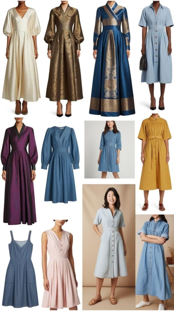 Different styles of korean style dress, ranging from elegant midi dresses to more casual mini dresses, showcasing various fabrics and silhouettes.