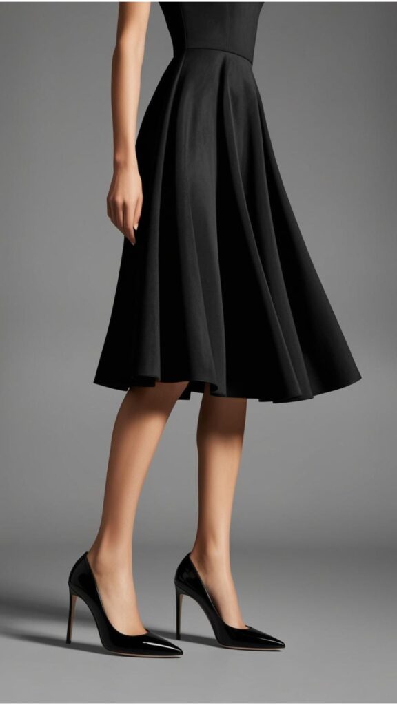 A pair of elegant black stiletto heels, possibly in patent leather or suede, styled with a sophisticated black dress.