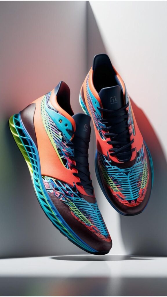 Futuristic shoes aesthetic sneakers shown, highlighting the impact of technology like 3D printing and AI on design, pushing boundaries with innovative materials and personalization.
