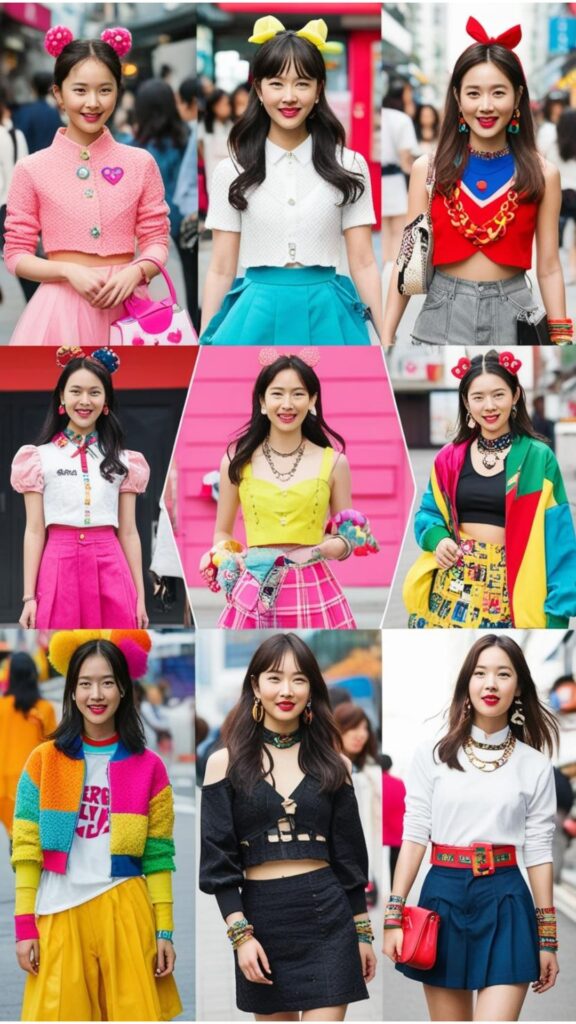 A diverse group of korean street fashion girl outfits aesthetic, showcasing various styles from cute and feminine to edgy and bold.