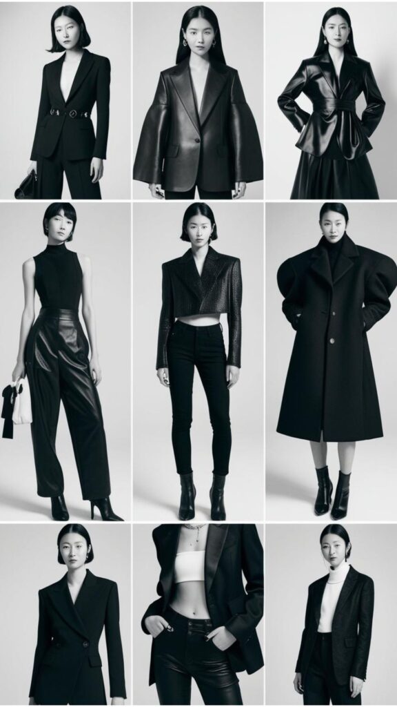 Models showcasing various korean street fashion black outfits, highlighting different textures and silhouettes in monochrome looks.