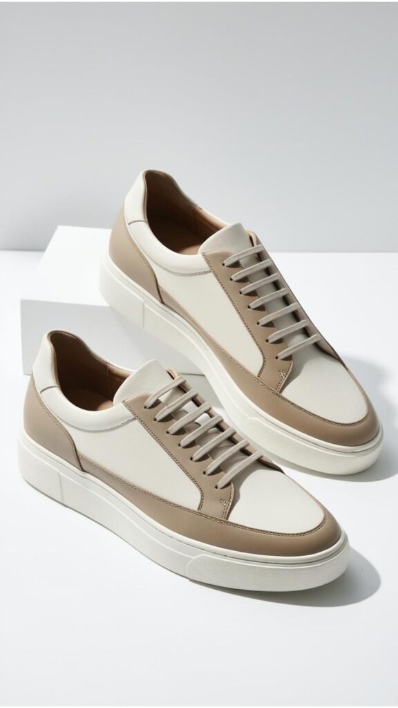 Minimalist shoes aesthetic sneakers displayed, clean lines, neutral colors, and subtle detailing, exuding understated elegance and effortlessly elevating any outfit.
