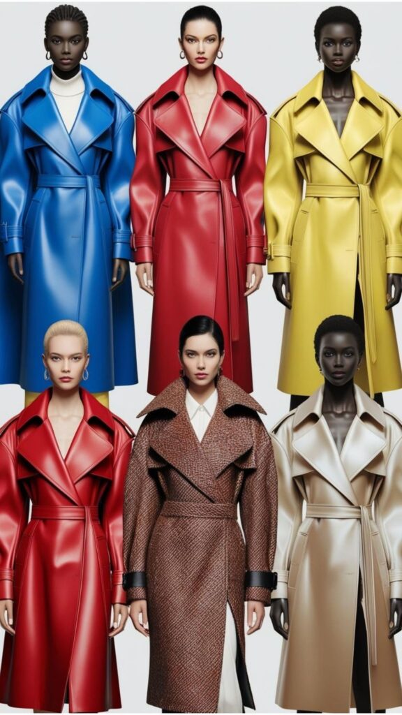 Modern trench coat styles in 2025 feature oversized silhouettes, bold colors, and unique textures, offering a contemporary twist on the classic trench coat.