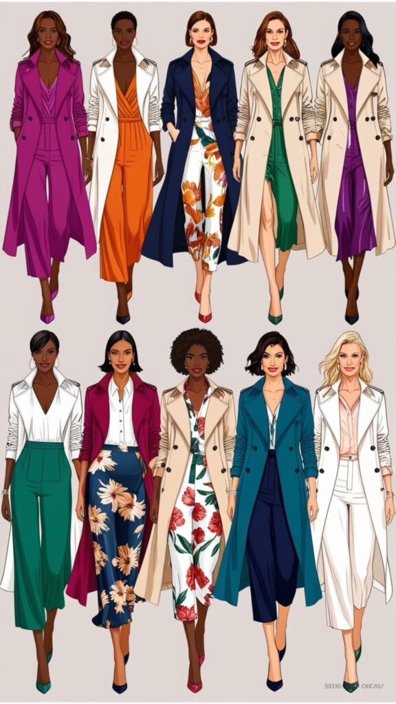 Women can create diverse outfits with trench coats. Layer them over jumpsuits, skirts, blouses, and more, experimenting with colors, lengths, and textures for unique styles.