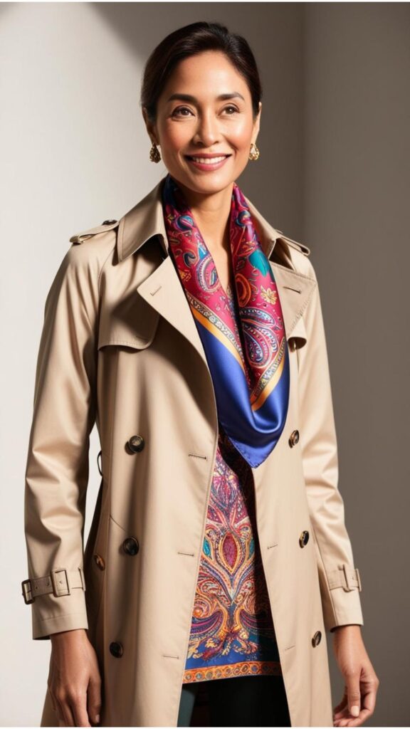 A lovely woman wearing a beige trench coat over a printed kurti and leggings, accessorized with a colorful scarf