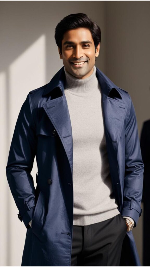 A good-looking man wearing a navy trench coat over a gray turtleneck sweater and black trousers.