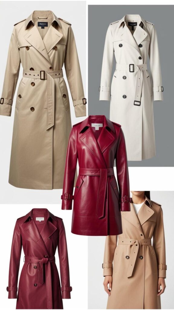 Trench coats for women come in various styles, from classic beige to bold leather, with different lengths, colors, and details to suit diverse tastes and express personal style.