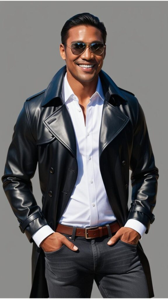 A handsome man wearing a black trench coat over a white dress shirt and dark wash jeans, accessorized with a leather belt and sunglasses.